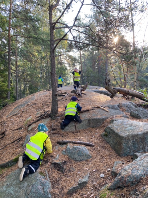 Småbarn klättrar upp för ett litet berg.